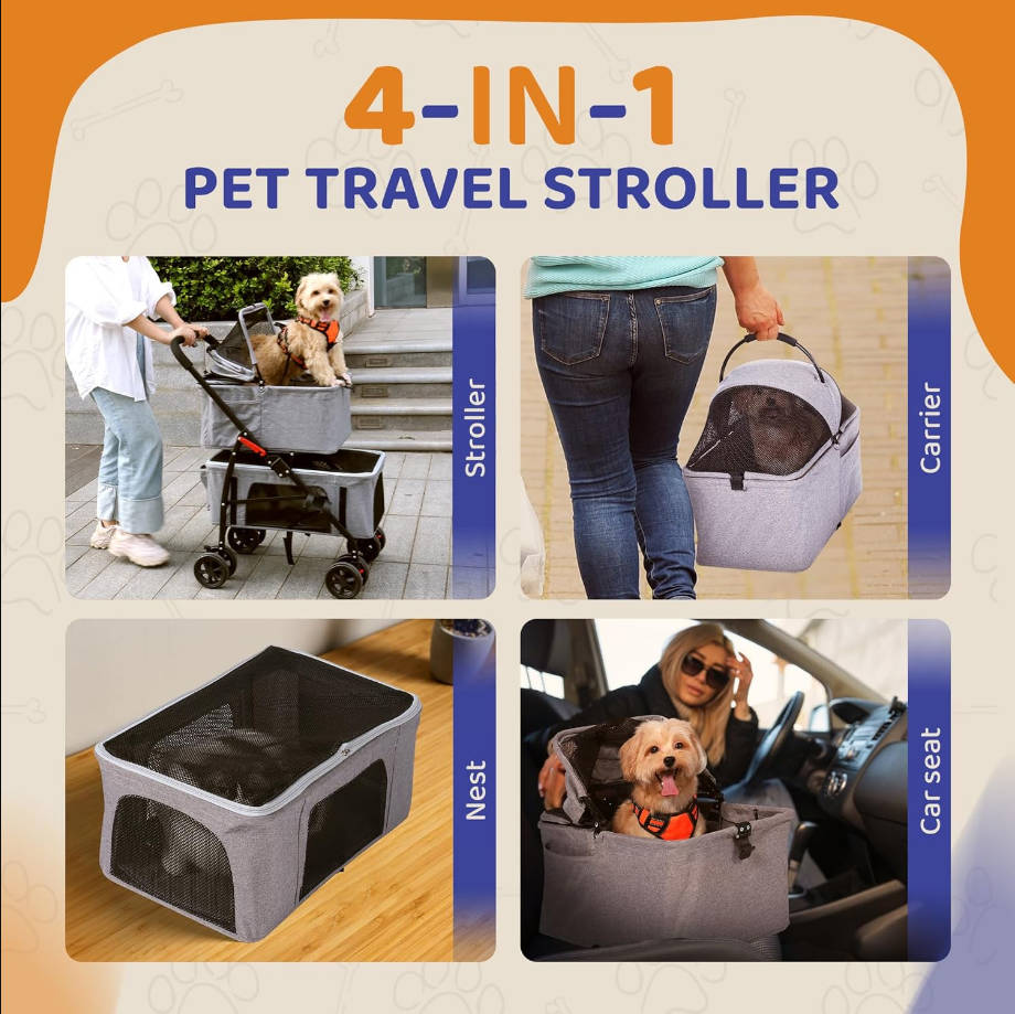 Double Pet Stroller for Dogs & Cats - One-Hand Folding Pet Stroller - Travel Carrier for Small & Medium Dogs - Double Cat Carrier - Detachable with Cupholder Included