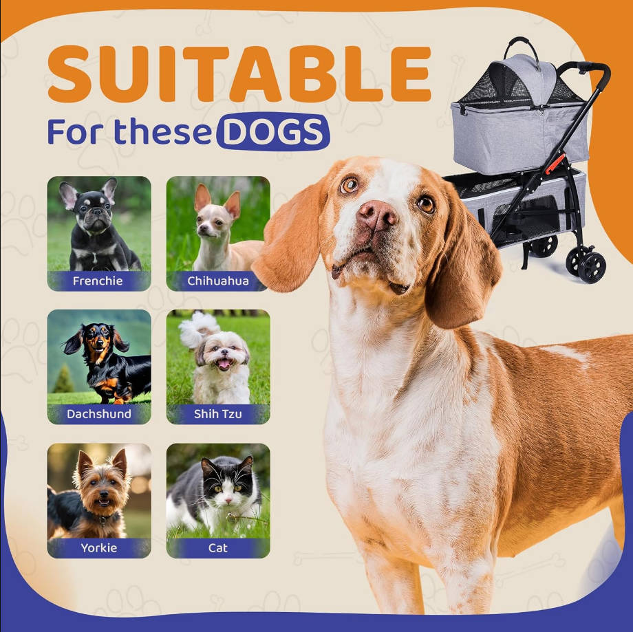 Double Pet Stroller for Dogs & Cats - One-Hand Folding Pet Stroller - Travel Carrier for Small & Medium Dogs - Double Cat Carrier - Detachable with Cupholder Included