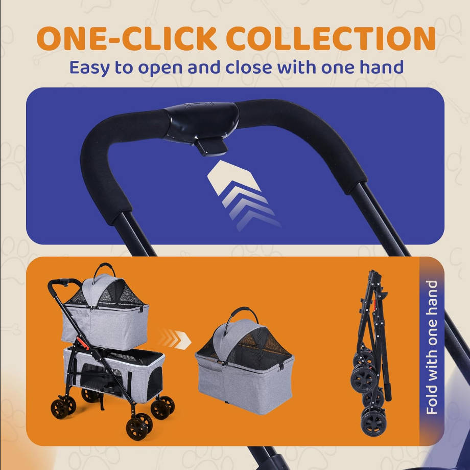Double Pet Stroller for Dogs & Cats - One-Hand Folding Pet Stroller - Travel Carrier for Small & Medium Dogs - Double Cat Carrier - Detachable with Cupholder Included