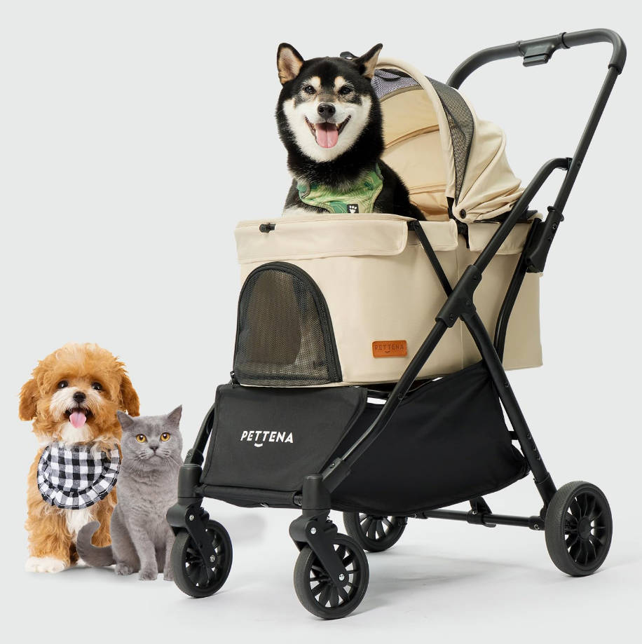 Dog Stroller for 2 Dogs, One-Touch Foldable Dog Stroller for Small/Medium Dogs Cats up to 44 Lbs, Khaki