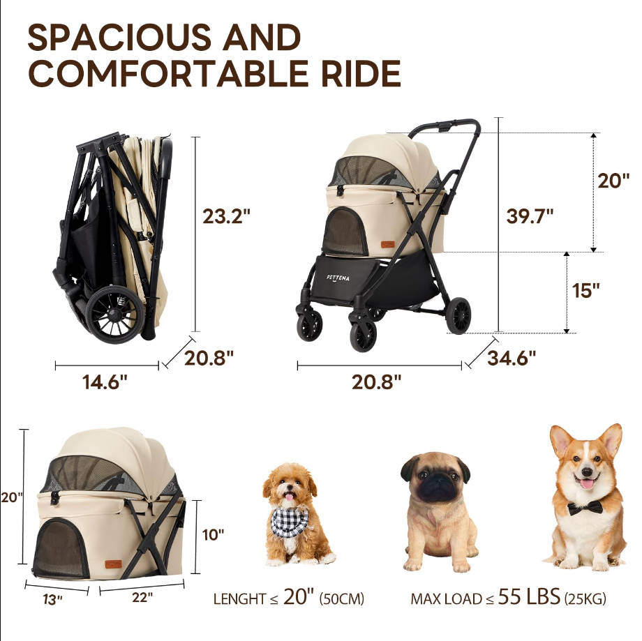 Dog Stroller for 2 Dogs, One-Touch Foldable Dog Stroller for Small/Medium Dogs Cats up to 44 Lbs, Khaki
