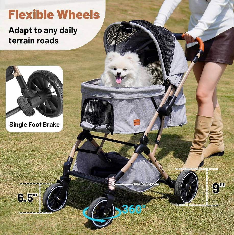 Small Medium Dogs Stroller 4-Wheel Pet Strollers for Medium Dogs Up to 50lbs, One Click Folding Large Cat Stroller, Reversible Handle, Shock Absorbing Wheels, Removable Washable Pad