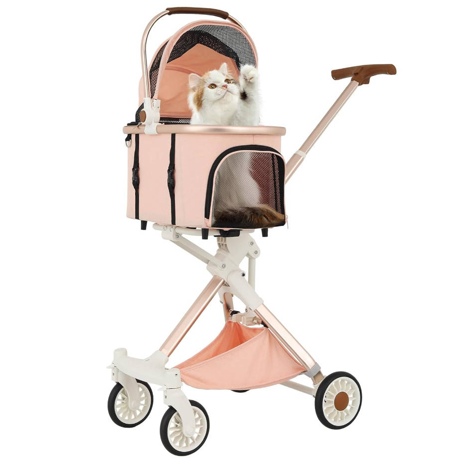 Dog Stroller for Small Dogs,One-Hand-Fold Pet Stroller with Detachable Carrier,Lightweight Cat Stroller up to 22lbs(Soft Pink)