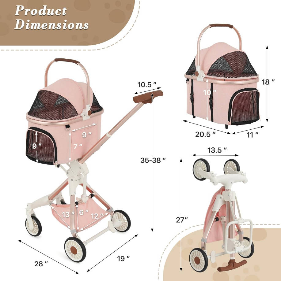 Dog Stroller for Small Dogs,One-Hand-Fold Pet Stroller with Detachable Carrier,Lightweight Cat Stroller up to 22lbs(Soft Pink)