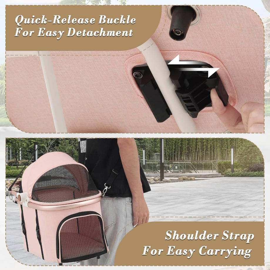 Dog Stroller for Small Dogs,One-Hand-Fold Pet Stroller with Detachable Carrier,Lightweight Cat Stroller up to 22lbs(Soft Pink)