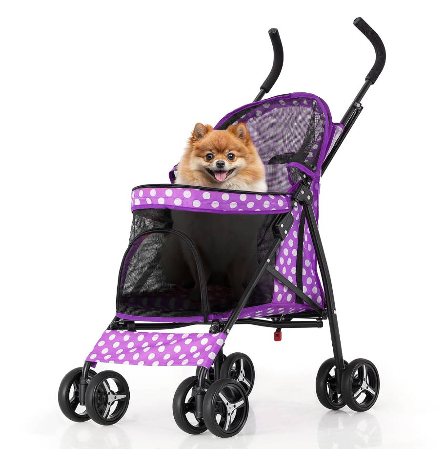 4 Wheels Pet Stroller, Easy-Fold Umbrella Shaped Dog Cat Jogger Stroller w/Storage Bag & Visible Mesh for Small/Medium Dogs Cats Purple Polka Dots