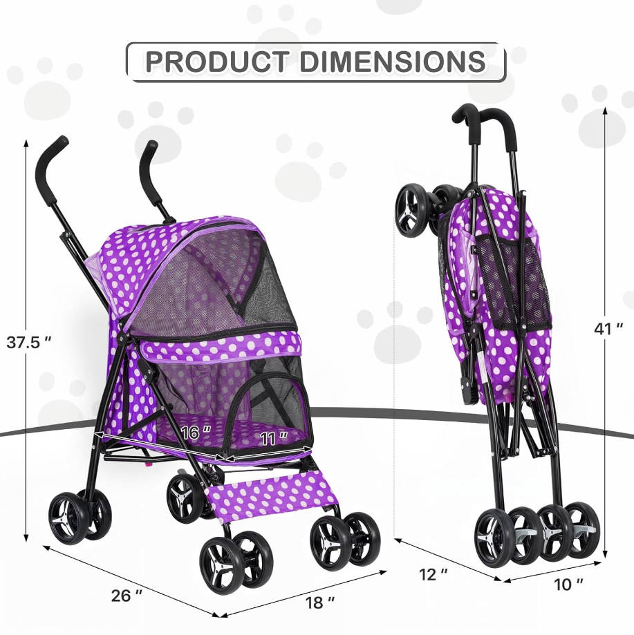 4 Wheels Pet Stroller, Easy-Fold Umbrella Shaped Dog Cat Jogger Stroller w/Storage Bag & Visible Mesh for Small/Medium Dogs Cats Purple Polka Dots
