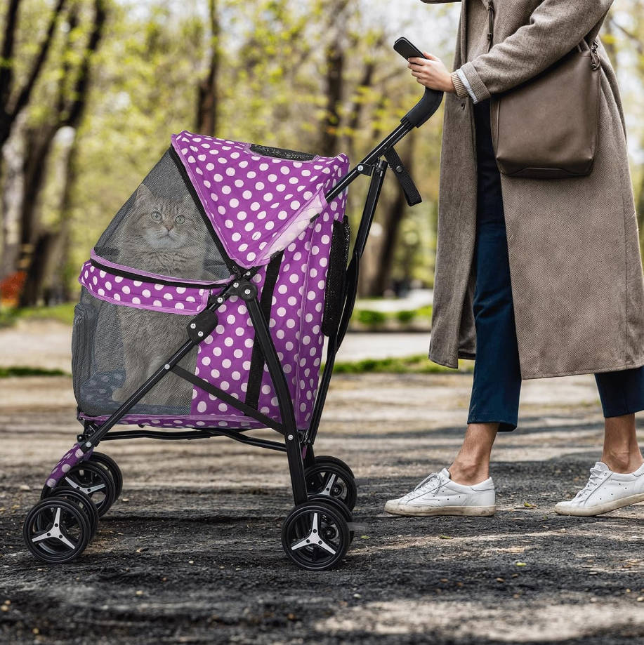 4 Wheels Pet Stroller, Easy-Fold Umbrella Shaped Dog Cat Jogger Stroller w/Storage Bag & Visible Mesh for Small/Medium Dogs Cats Purple Polka Dots