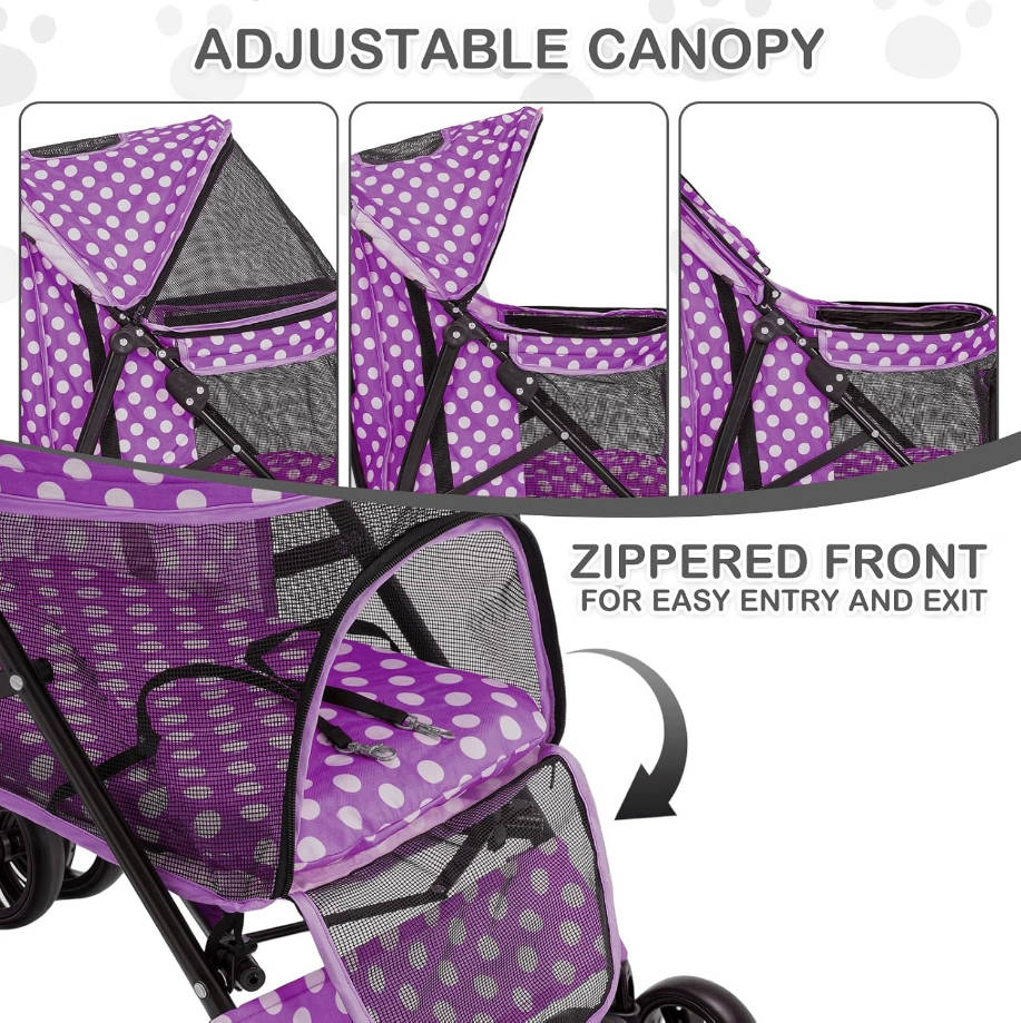 4 Wheels Pet Stroller, Easy-Fold Umbrella Shaped Dog Cat Jogger Stroller w/Storage Bag & Visible Mesh for Small/Medium Dogs Cats Purple Polka Dots