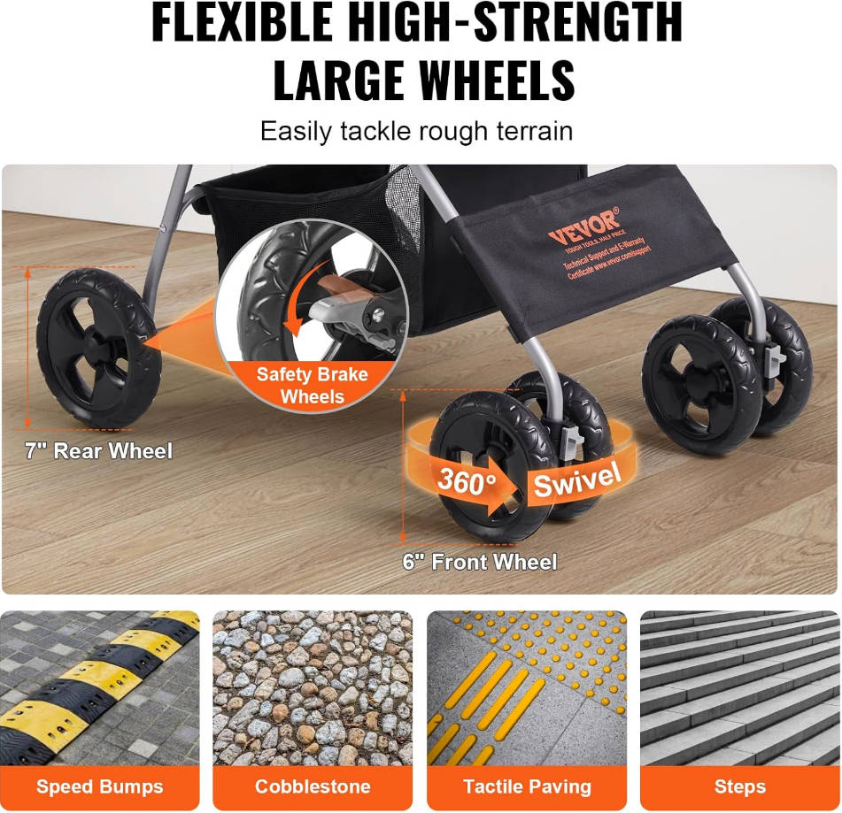 Pet Stroller, 4 Wheels Dog Stroller with Brake, 35lbs Weight Capacity, Lightweight Foldable Portable Folding Carrier, Storage Basket and Cup Holder, for Dogs and Cats Travel, Black+Dark Grey