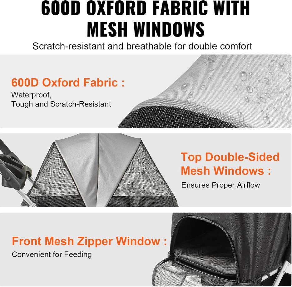 Pet Stroller, 4 Wheels Dog Stroller with Brake, 35lbs Weight Capacity, Lightweight Foldable Portable Folding Carrier, Storage Basket and Cup Holder, for Dogs and Cats Travel, Black+Dark Grey