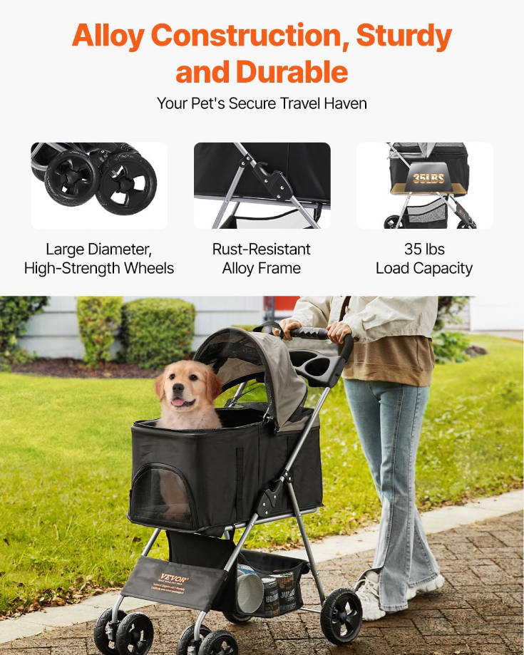 Pet Stroller, 4 Wheels Dog Stroller with Brake, 35lbs Weight Capacity, Lightweight Foldable Portable Folding Carrier, Storage Basket and Cup Holder, for Dogs and Cats Travel, Black+Dark Grey