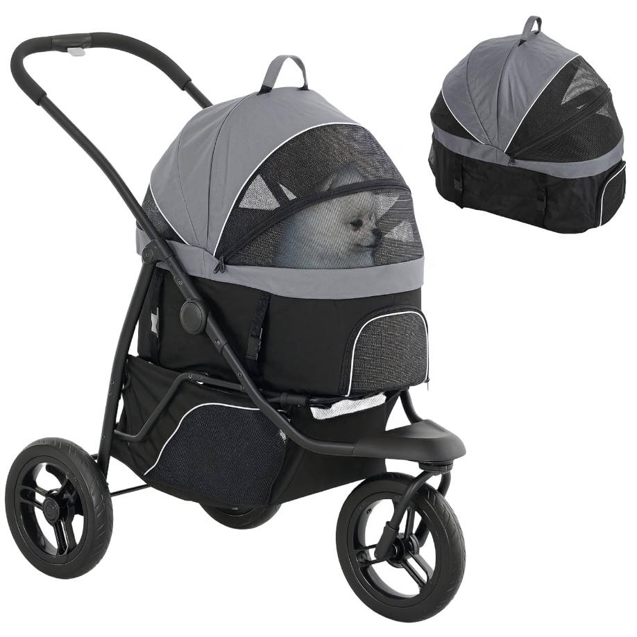 Dog Stroller for Small Dogs and Cats, 3 in 1 Cat Pet Stroller Jogger with Detachable Carrier, Storage Basket, 3 Big Wheels, Adjustable Canopy, Gray