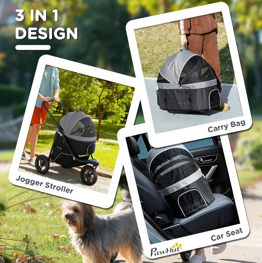 Dog Stroller for Small Dogs and Cats, 3 in 1 Cat Pet Stroller Jogger with Detachable Carrier, Storage Basket, 3 Big Wheels, Adjustable Canopy, Gray