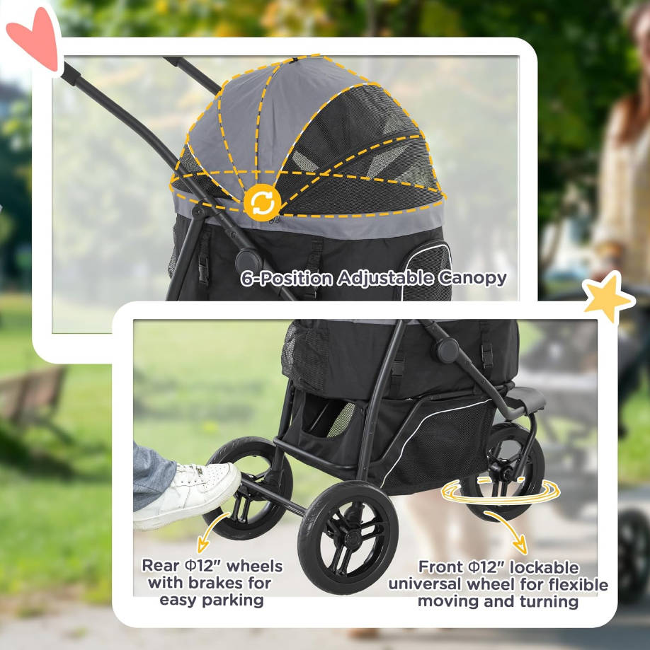 Dog Stroller for Small Dogs and Cats, 3 in 1 Cat Pet Stroller Jogger with Detachable Carrier, Storage Basket, 3 Big Wheels, Adjustable Canopy, Gray