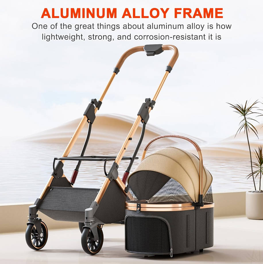 Pet Stroller with 4 Wheels, One-Click Folding Pet Travel Carrier for Small, Medium Dogs and Cats up to 50lbs, Detachable Carrier, Storage Basket, Car Seat 3 in 1 Multifunctional (Brown‌)