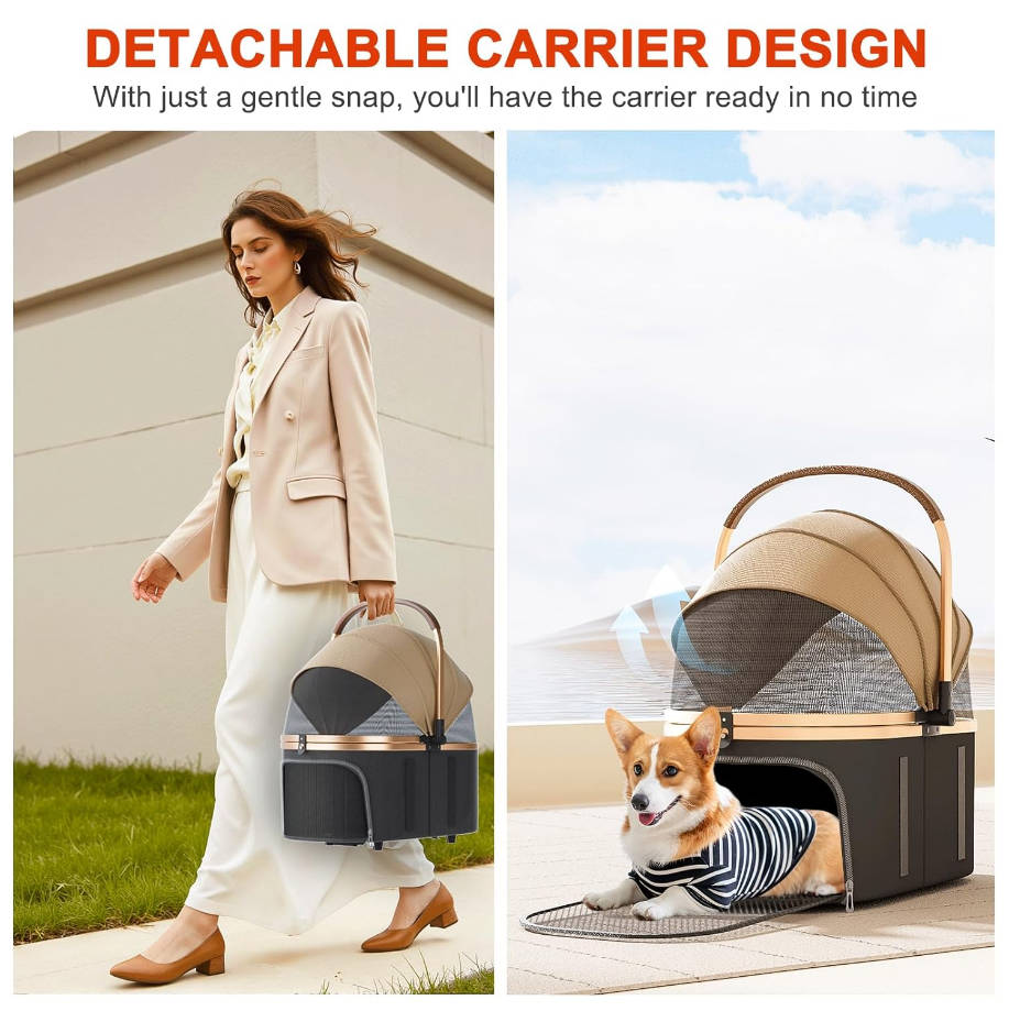 Pet Stroller with 4 Wheels, One-Click Folding Pet Travel Carrier for Small, Medium Dogs and Cats up to 50lbs, Detachable Carrier, Storage Basket, Car Seat 3 in 1 Multifunctional (Brown‌)