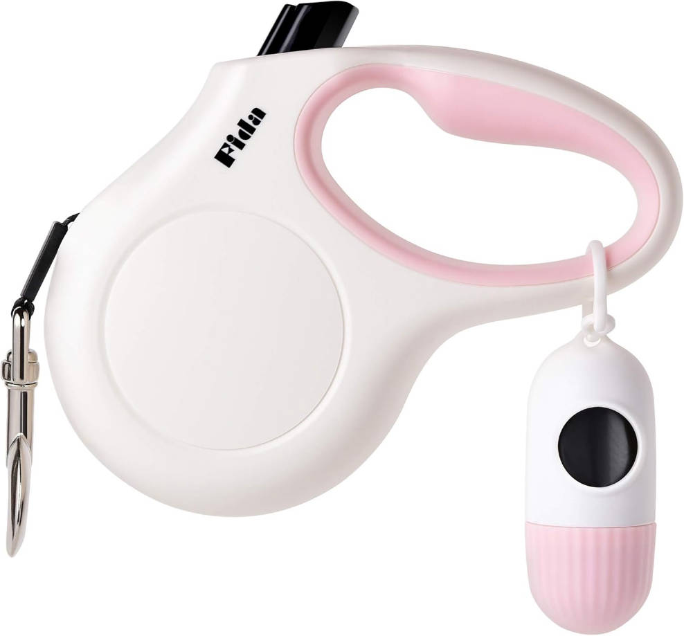Retractable Dog Leash for Small Breed up to 26 lbs, 16 ft Pet Walking Leash with Dispenser and Poop Bags, Anti-Slip Handle, Reflective Strong Nylon Tape, One-Handed Brake (S, White & Pink)