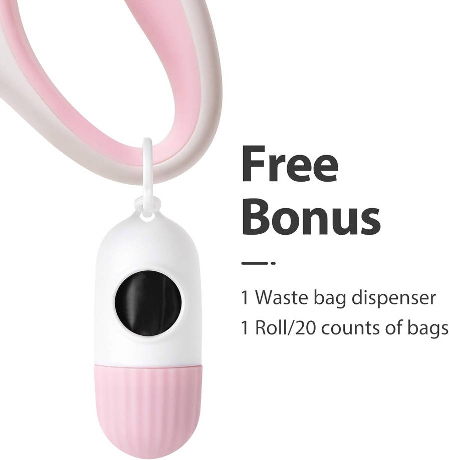 Retractable Dog Leash for Small Breed up to 26 lbs, 16 ft Pet Walking Leash with Dispenser and Poop Bags, Anti-Slip Handle, Reflective Strong Nylon Tape, One-Handed Brake (S, White & Pink)