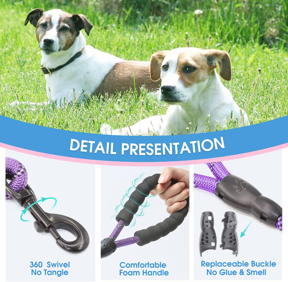 2/4/5/6 FT Dog Leash with Comfortable Padded Handle and Highly Reflective Threads for Small Medium and Large Dogs (5FT-1/2'', Purple)