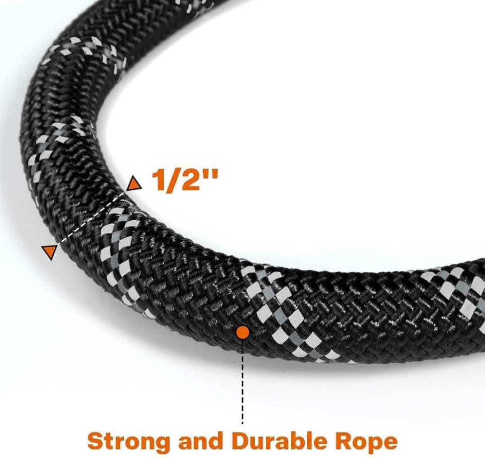 Rope Dog Leash 6 FT with Comfortable Padded Handle, Highly Reflective Threads Leash for Medium Large Dogs, 1/2 inch, Black