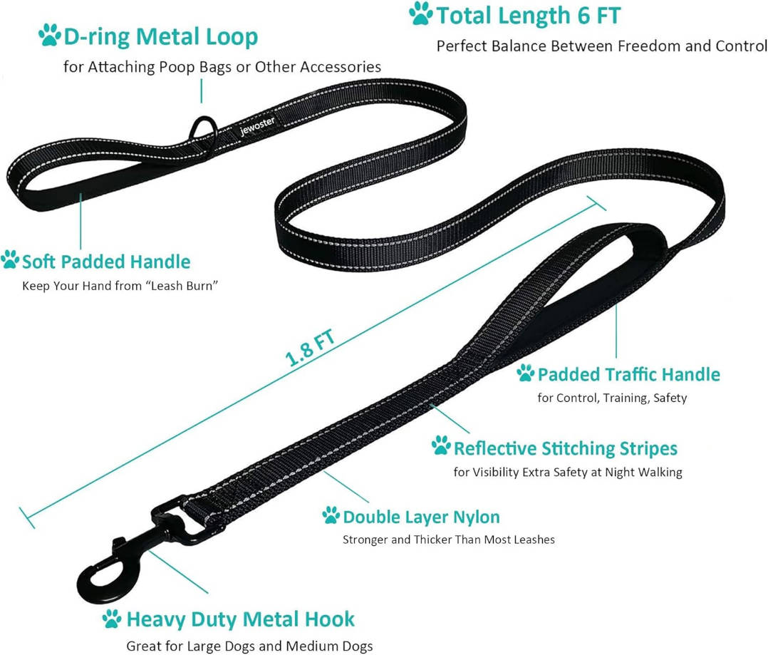Heavy Duty Dog Leash - 2 Handles by Padded Traffic Handle for Extra Control, 6foot Long - Perfect for Medium to Large Dogs (6 ft, Black)