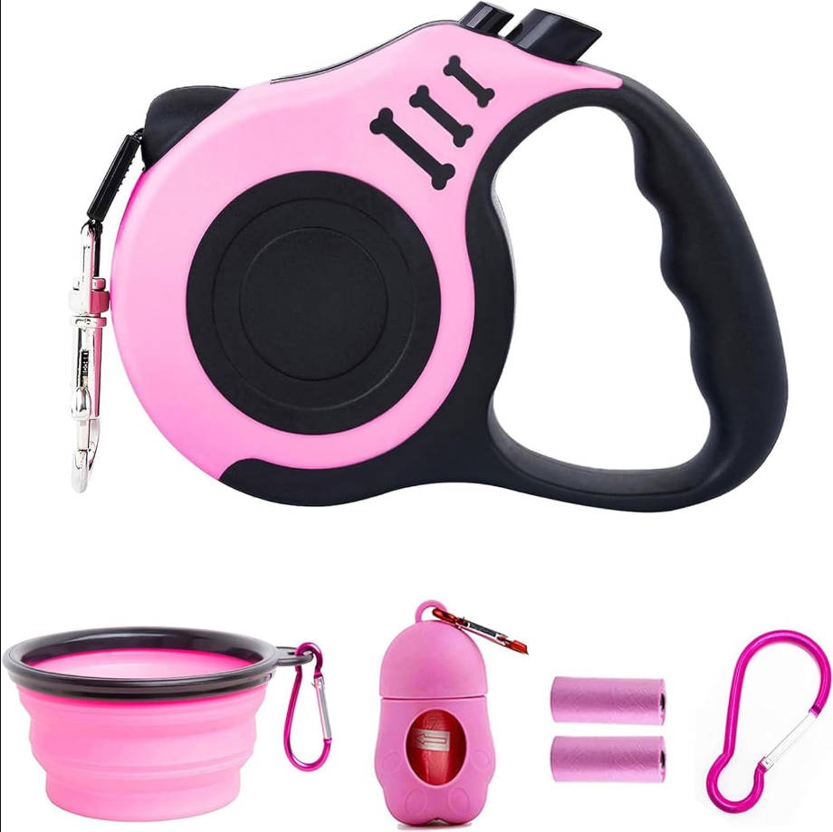 Retractable Dog Leash Lightweight 16FT Leash, with Folding Bowl,Dispenser,Waste Bags, for Small Medium Dogs(Pink)