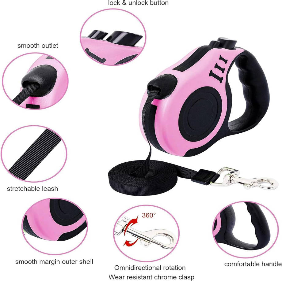 Retractable Dog Leash Lightweight 16FT Leash, with Folding Bowl,Dispenser,Waste Bags, for Small Medium Dogs(Pink)