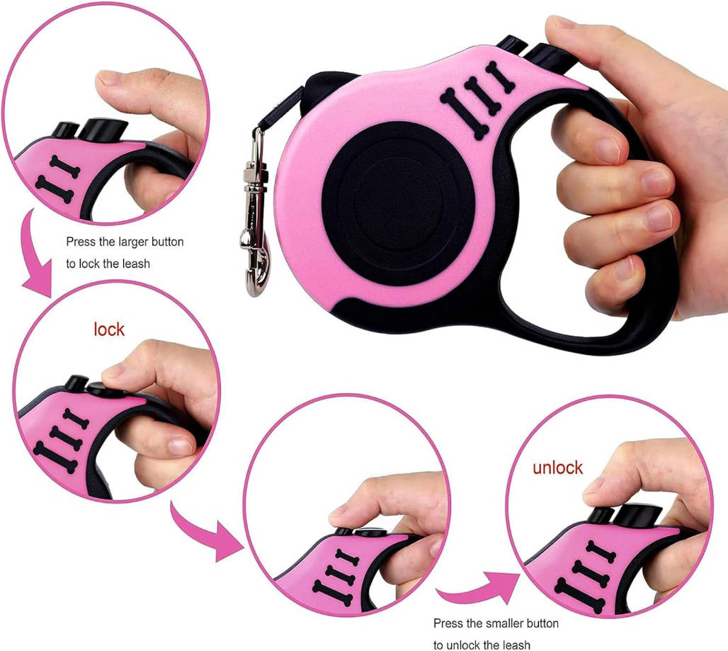 Retractable Dog Leash Lightweight 16FT Leash, with Folding Bowl,Dispenser,Waste Bags, for Small Medium Dogs(Pink)