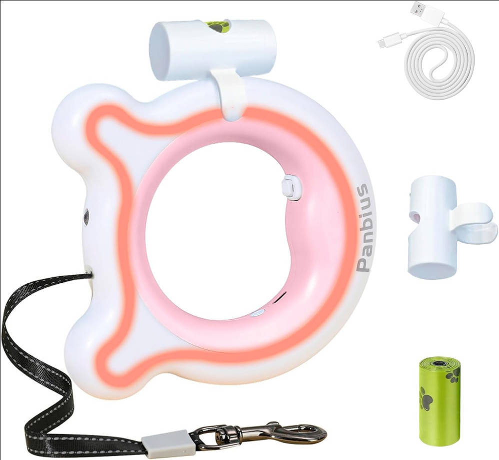 Pets 9.84ft Retractable Dog Leashes with LED Up to 66 lbs Anti-Slip Handle and 360°No Tangle Dogs Walking Leash with Built in Poop Bag for Small/Medium/Large Breeds (Pink)