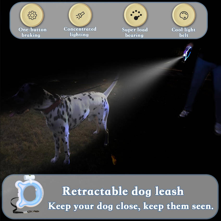 Pets 9.84ft Retractable Dog Leashes with LED Up to 66 lbs Anti-Slip Handle and 360°No Tangle Dogs Walking Leash with Built in Poop Bag for Small/Medium/Large Breeds (Pink)