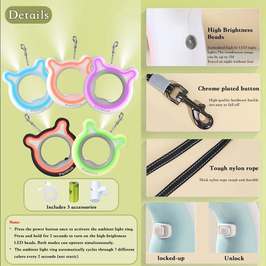 Pets 9.84ft Retractable Dog Leashes with LED Up to 66 lbs Anti-Slip Handle and 360°No Tangle Dogs Walking Leash with Built in Poop Bag for Small/Medium/Large Breeds (Pink)