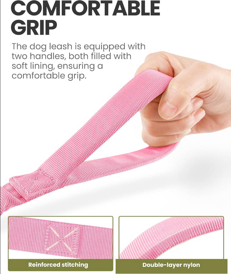 Bungee Dog Leash, Heavy Duty Dog Leash with Shock Absorption, 2 Padded Handles Training Leash, Improved Dog Safety and Comfort (Pink, 4FT)