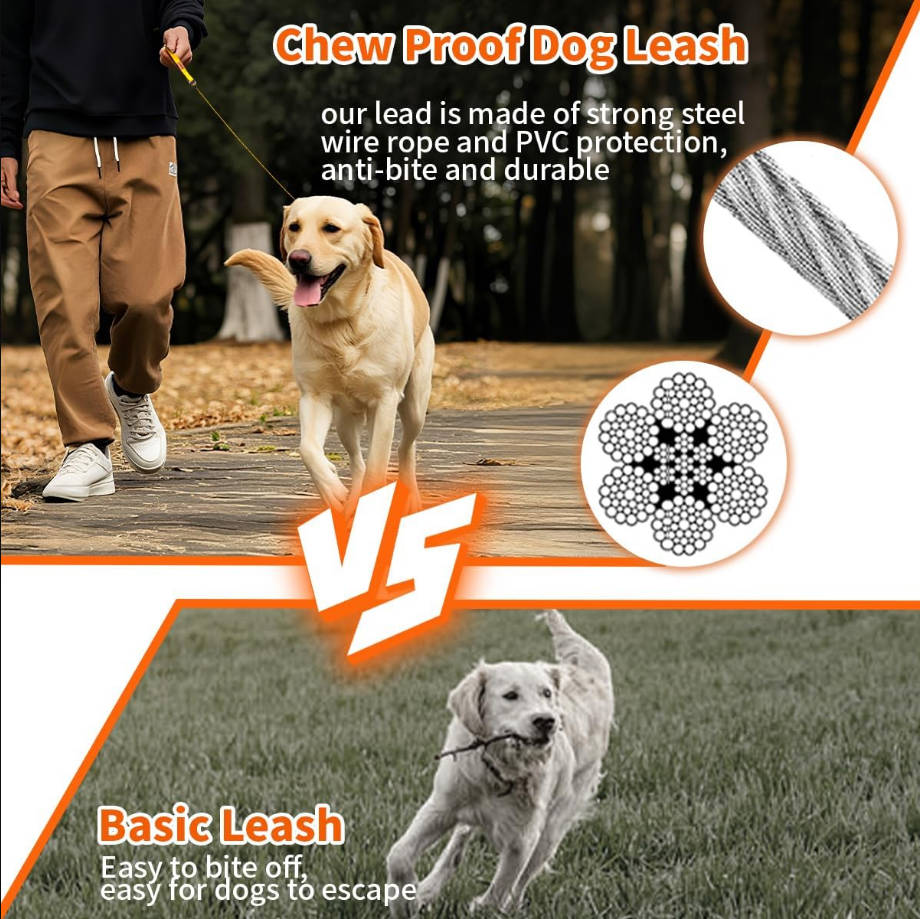 Heavy Duty Dog Leash, Chew Proof Metal Leash for Large Dogs (Up to 250lbs), WireRope Dog Leashes with Soft Silicone Grip (Orange, 5 FT)