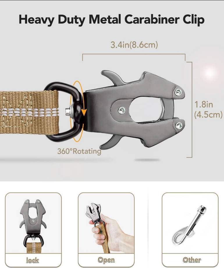 Tactical Dog Leash Heavy Duty, 4-6FT Shock Absorbing Bungee Lead with 2 Padded Handle, Metal Carabiner Clip, Car Seatbelt, Strong No Pull Leash for Medium Large X-Large Dogs, Coyote Brown