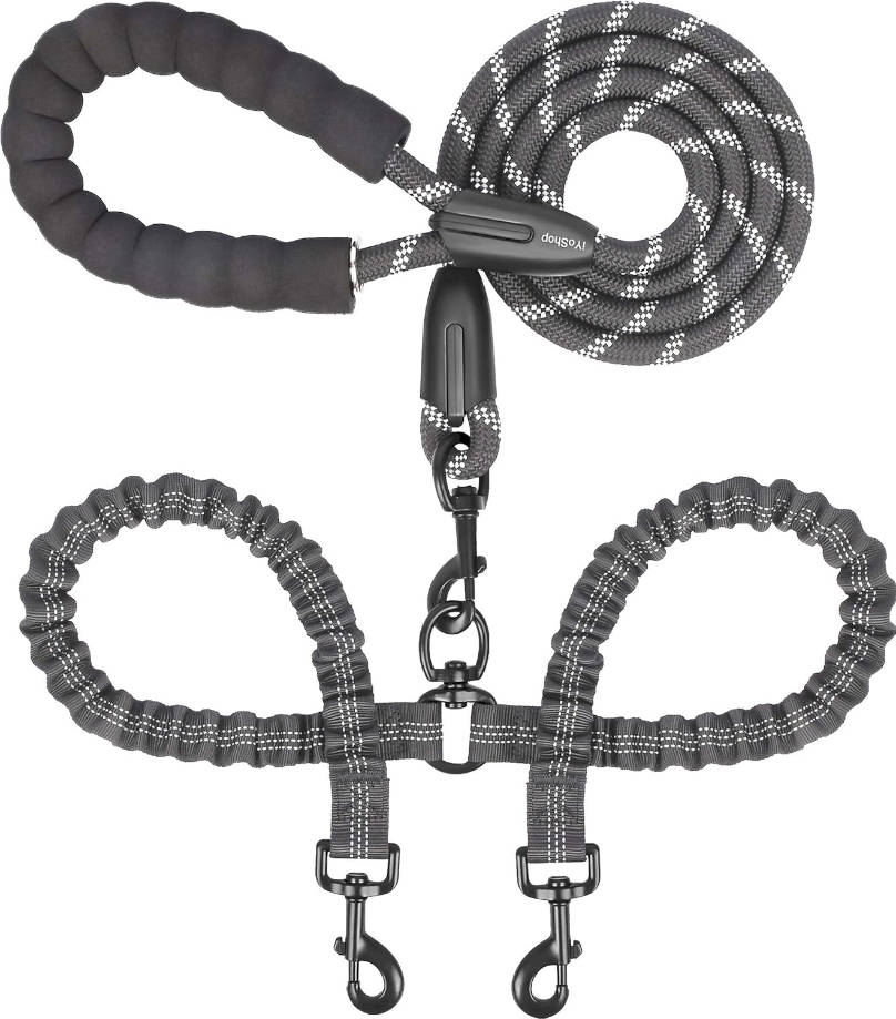 Dual Dog Leash - 360° Swivel, No Tangle Walking Leash with Shock Absorbing Bungee for Two Dogs (Medium, 8-35 lbs, Black)