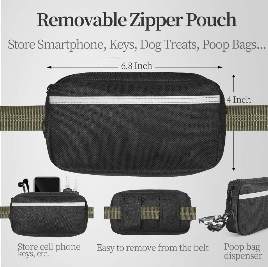 Hands Free Dog Leash with Zipper Pouch, Dual Padded Handles and Durable Bungee for Walking, Jogging and Running Your Dog (Large, 25-120 lbs, Military Green)