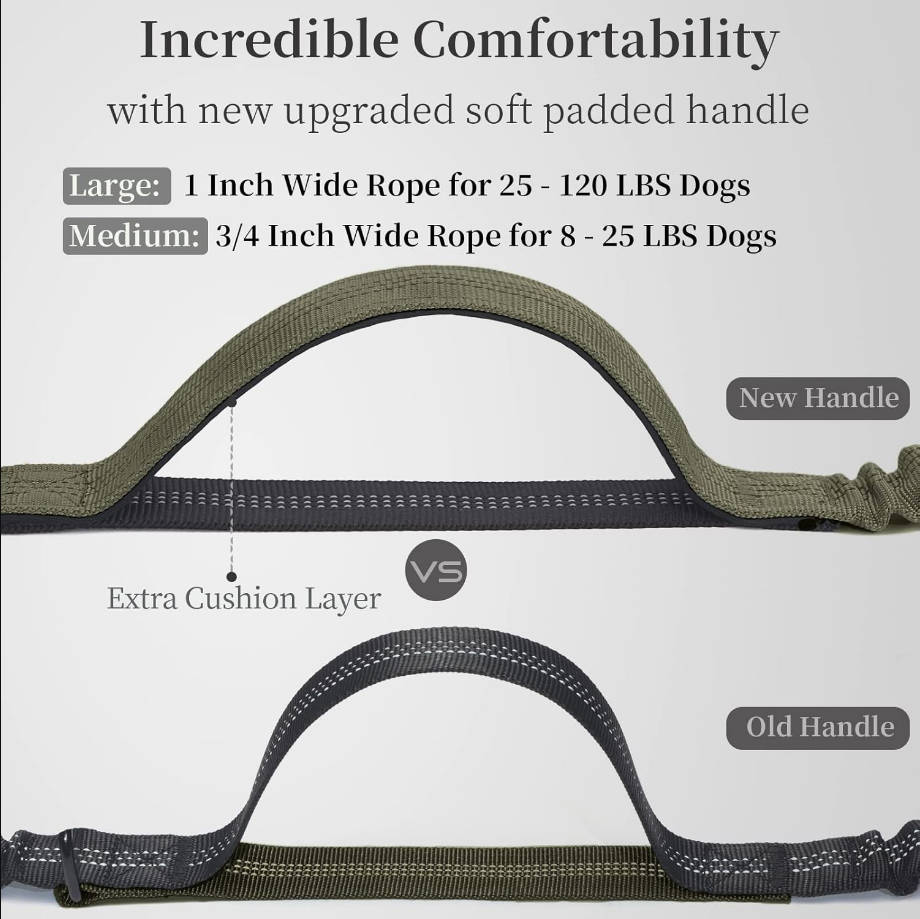 Hands Free Dog Leash with Zipper Pouch, Dual Padded Handles and Durable Bungee for Walking, Jogging and Running Your Dog (Large, 25-120 lbs, Military Green)