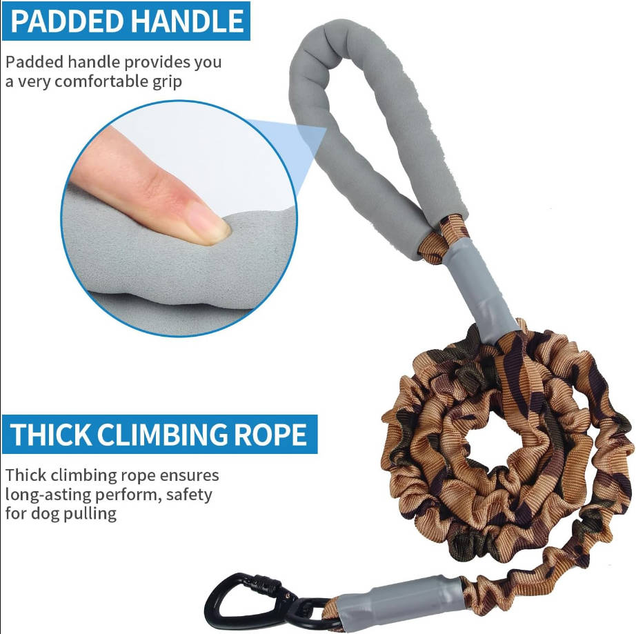 Camo Bungee Dog Leash, 360° Rotation Heavy Duty Clasp Safety Lock, Dogs Leashes with Padded Handle, Withstands Bursts of Dogs up to 100 lbs, for Walking, Running, Training (Brown camo)