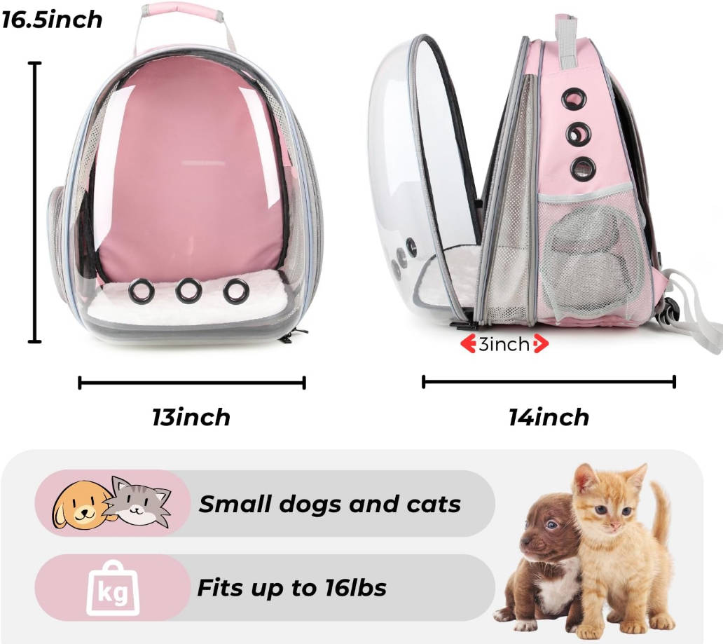 Cat Carrier Backpack, Bubble Expandable Backpack Carrier, Pets and Small Dogs,Airline-Approved, Designed for Travel, Hiking, Walking & Outdoor Use (Front Expandable-Pink)