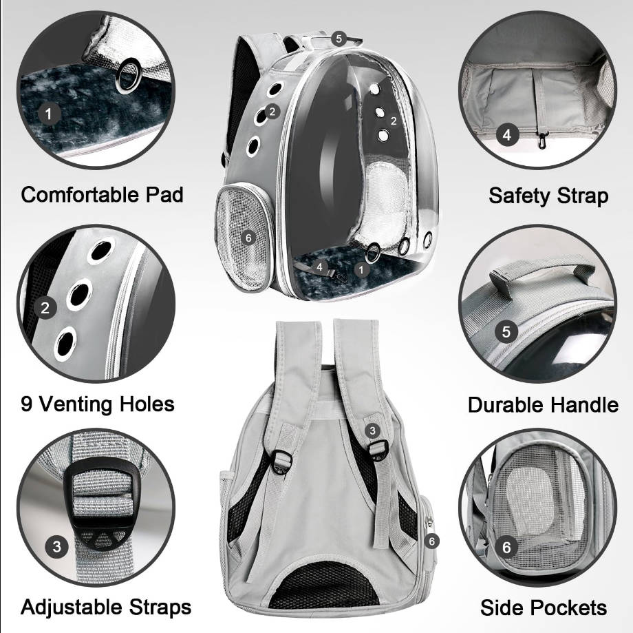 Cat Backpack Carrier, Pet Cat Carrier with Ventilated Design for Carrying Puppy Cats, Pet Carrier Backpack for Traveling/Hiking/Camping/Outdoors Airline Approved Travel Carrier (Grey)