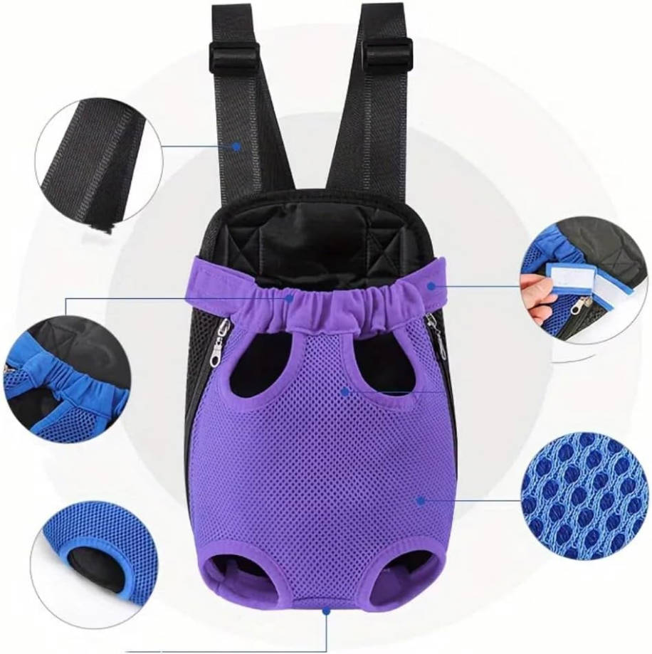 Pet Travel Backpack for Cats and Dogs, Portable Breathable Mesh Chest Carrier, Polyester Woven Double Shoulder Pet Bag for Outdoor Adventures (Purple, Small)