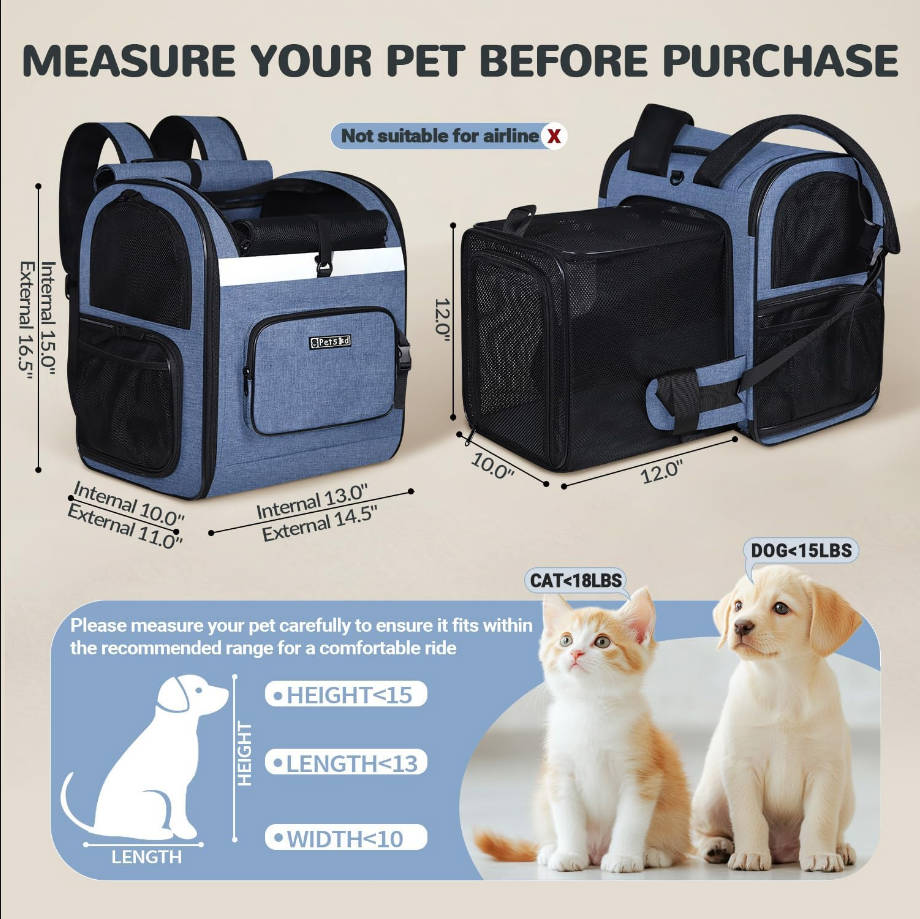 Expandable Pet Backpack Carrier 16.5x14.5x11 Inches for Small Dogs and Medium Cats,Portable Dog Cat Backpack Carrier for Hiking,Vet,Travel(Blue)