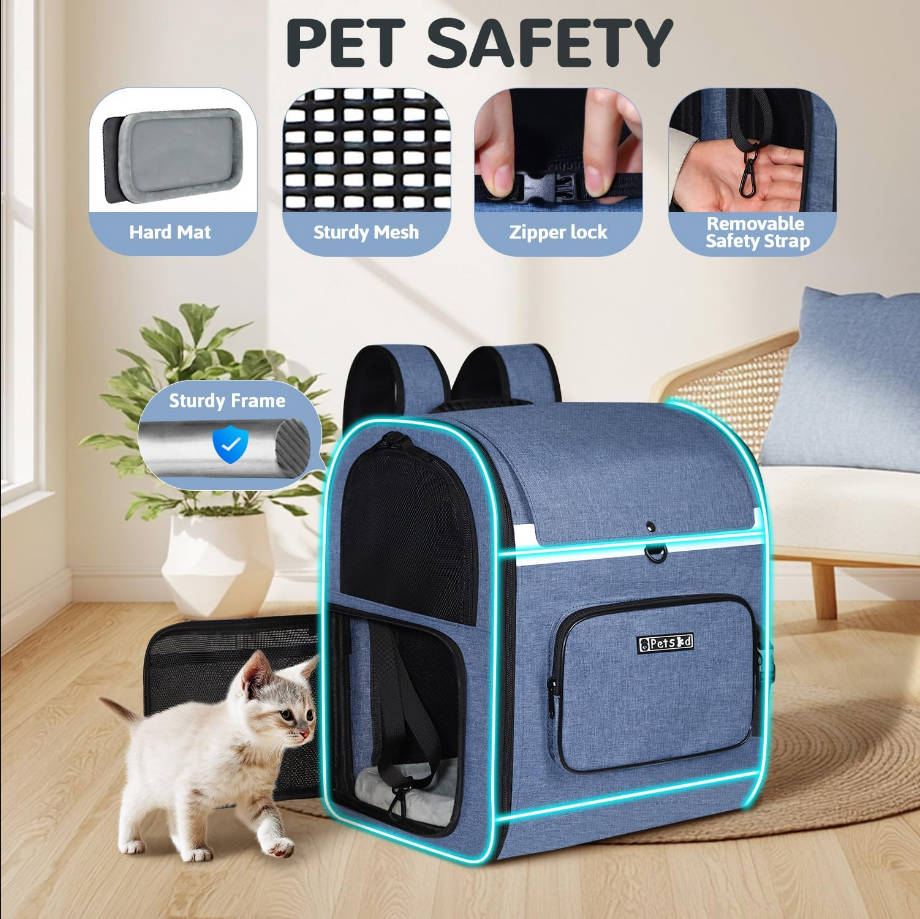 Expandable Pet Backpack Carrier 16.5x14.5x11 Inches for Small Dogs and Medium Cats,Portable Dog Cat Backpack Carrier for Hiking,Vet,Travel(Blue)