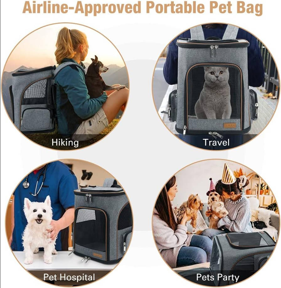 Cat Backpack Expandable Pet Carrier Backpack for Small Cats and Dogs, Airline-Approved Foldable Dog Carrier Backpack with Inner Safety Leash, Grey