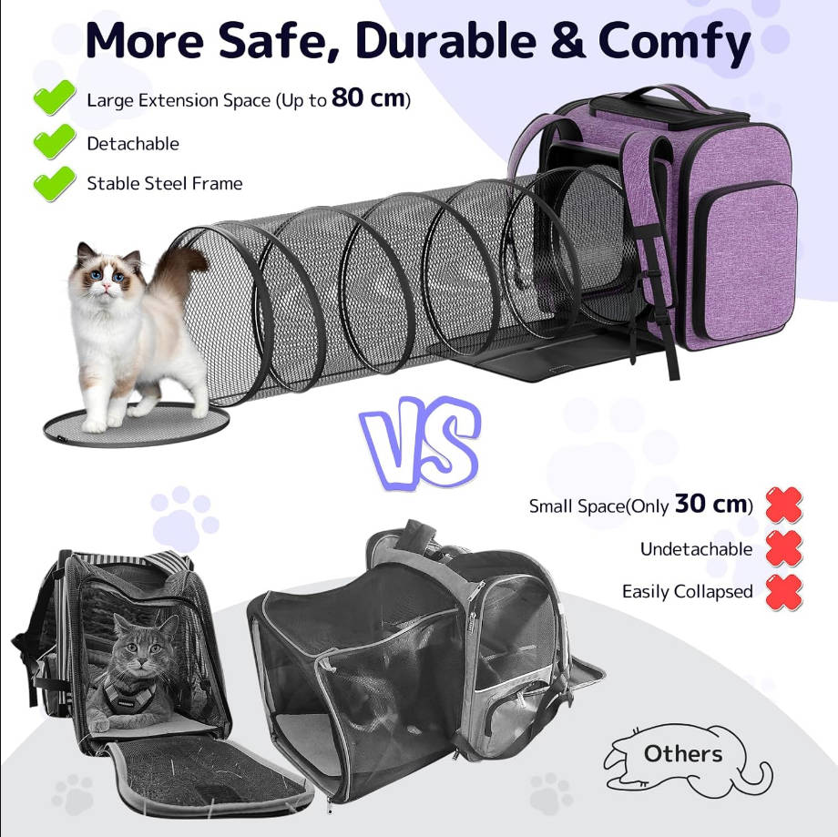 Cat Carrier Backpacks Pawtners Expandable Cat Backpack with Breathable Mesh, Pet Carrier Backpack for Cats Small Dogs Puppies Up to 18 Lbs, Dog Carrier Backpack for Travel Hiking Camping Outdoor
