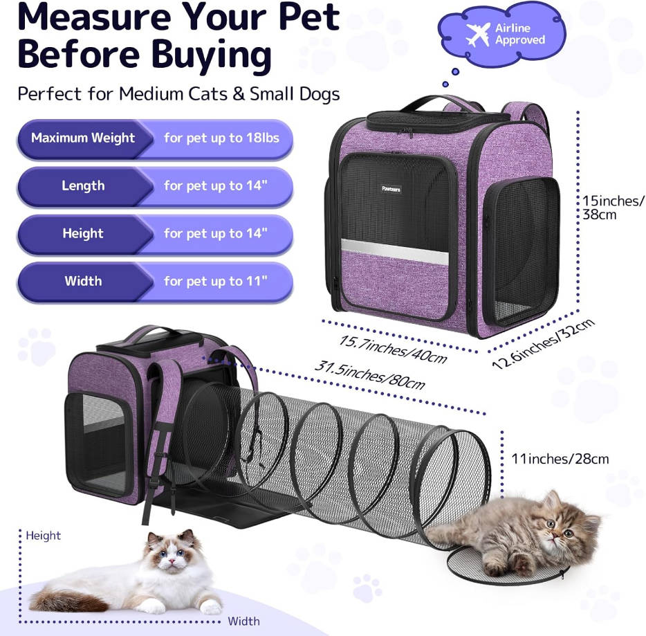 Cat Carrier Backpacks Pawtners Expandable Cat Backpack with Breathable Mesh, Pet Carrier Backpack for Cats Small Dogs Puppies Up to 18 Lbs, Dog Carrier Backpack for Travel Hiking Camping Outdoor