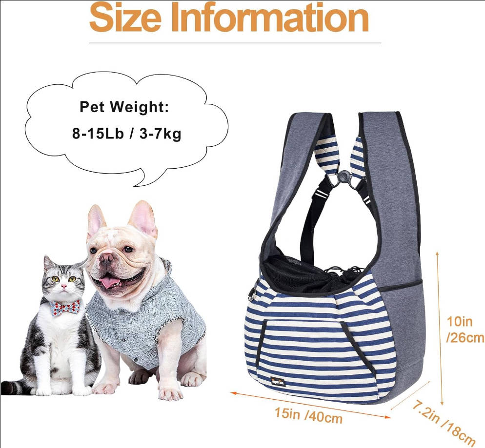Dog Sling Carrier Puppy Carrier, Adjustable Pet Front Sling Carrier Travel Bag with Bottom Pad, Pet Carrier for Small Dog Cat Puppy Traveling Hiking Camping (Bule Strip, 8-15 lb)
