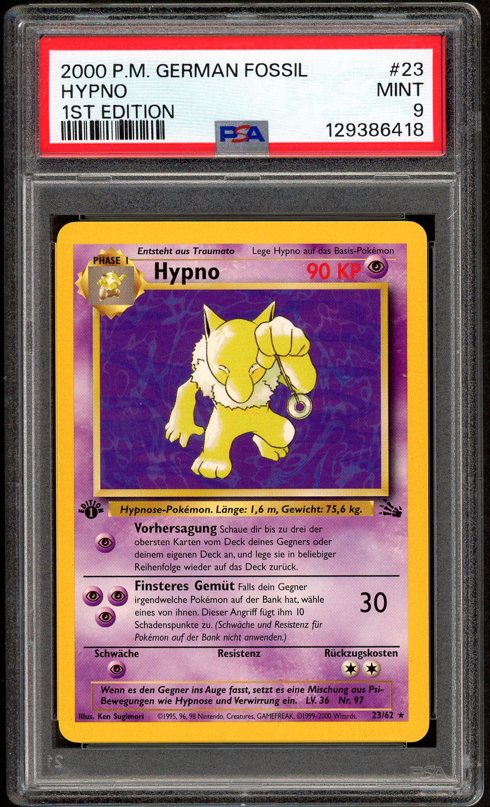 Pokemon PSA 9 Hypno 1st Edition 23/62 Fossil | Deutsch