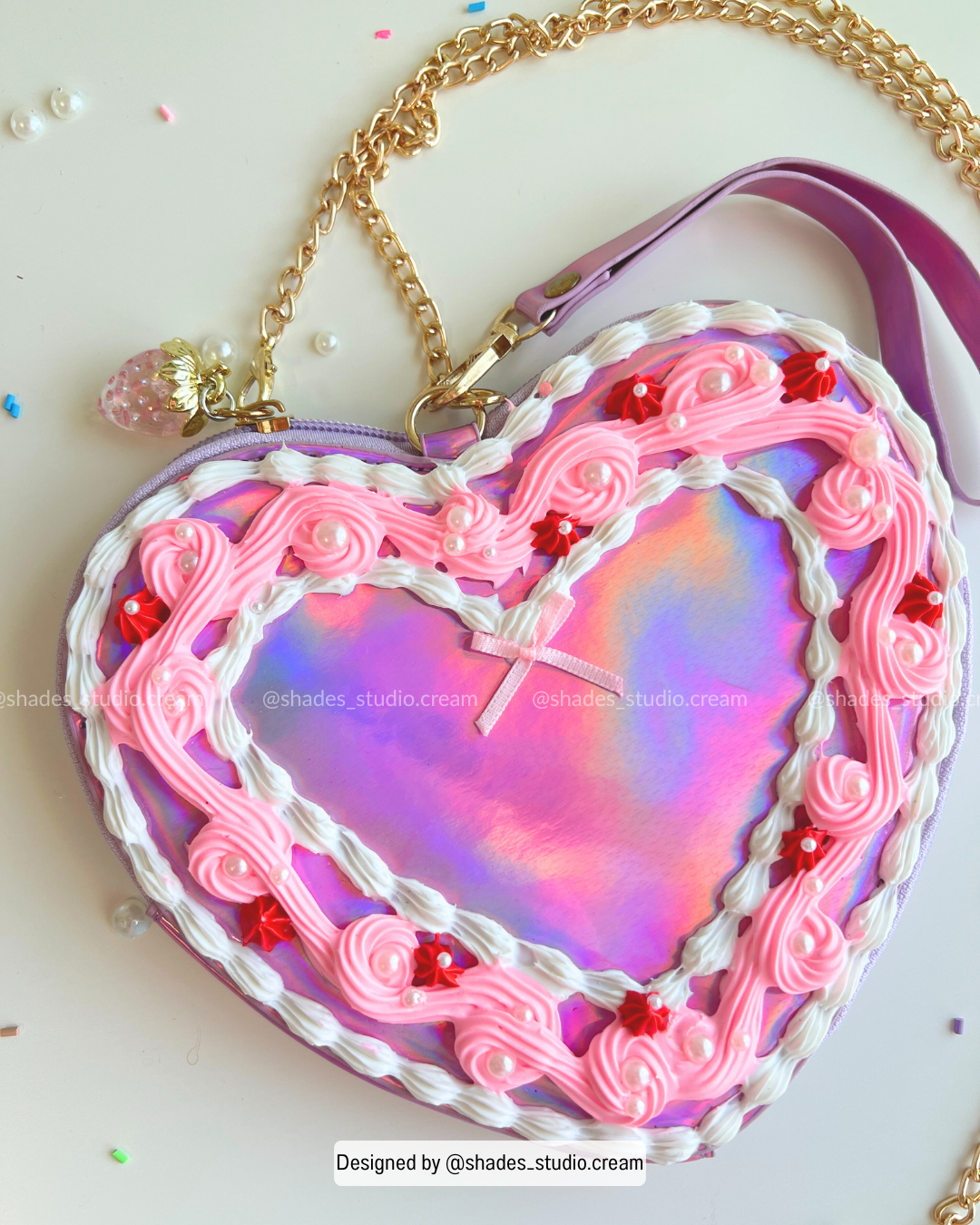 Pink holographic crossbody decoden bag with gold chain